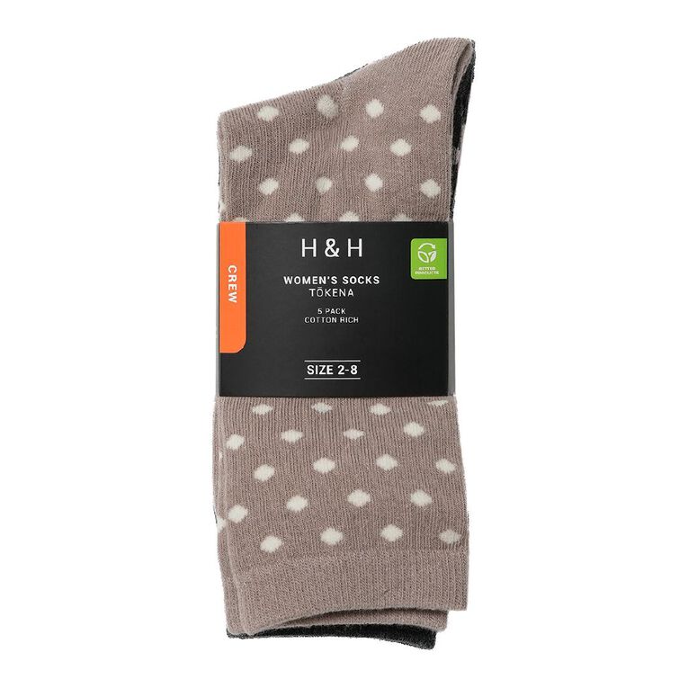 H&H Women's Crew Jaquard Socks 5 Pack, Brown Light, hi-res