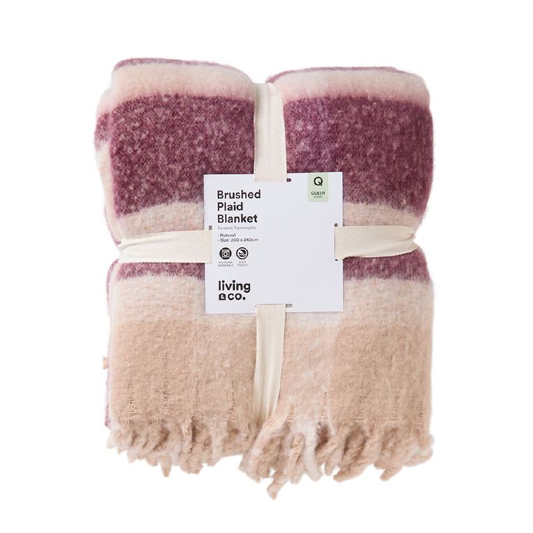 Living & Co Super Soft Plaid Blanket Natural Queen, , hi-res