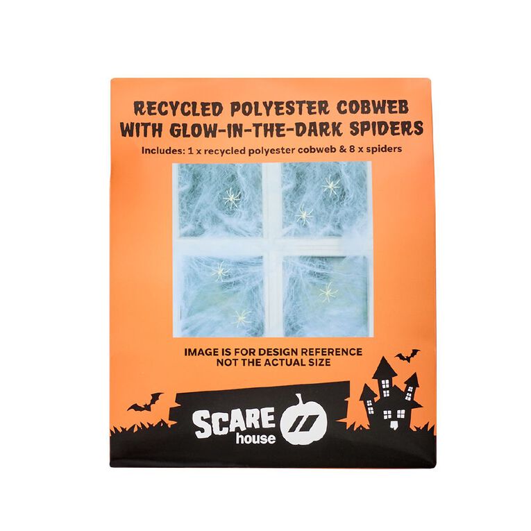 Scarehouse Recycled Polyester Cobweb with Glow-In-The-Dark Spiders, , hi-res