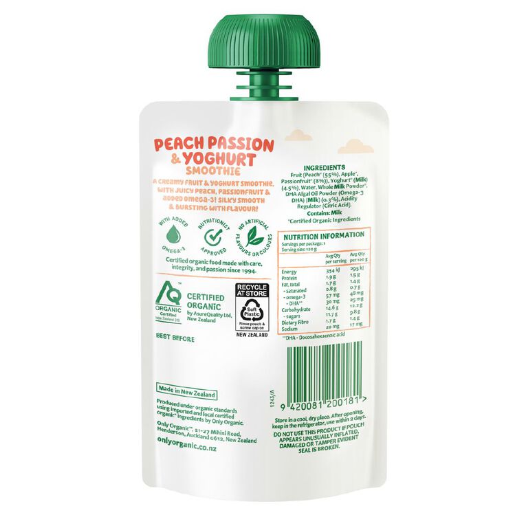Only Organic Peach Passion & Yoghurt Smoothie 3+ Years 120g, , hi-res