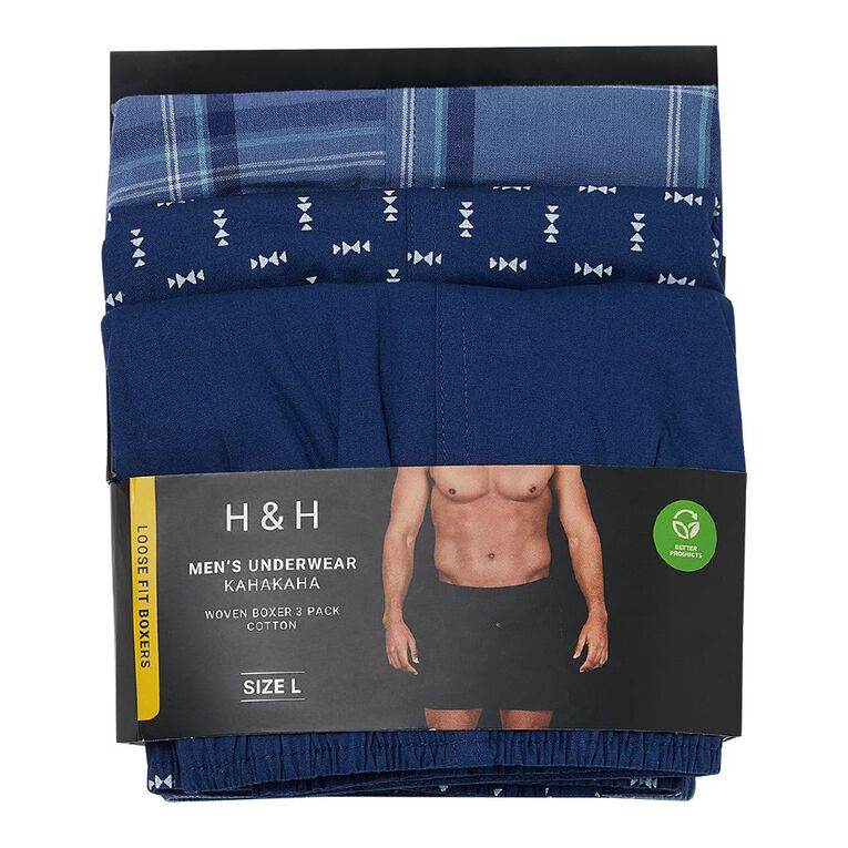 H&H Men's Woven Boxers 3 Pack, Blue Mid, hi-res