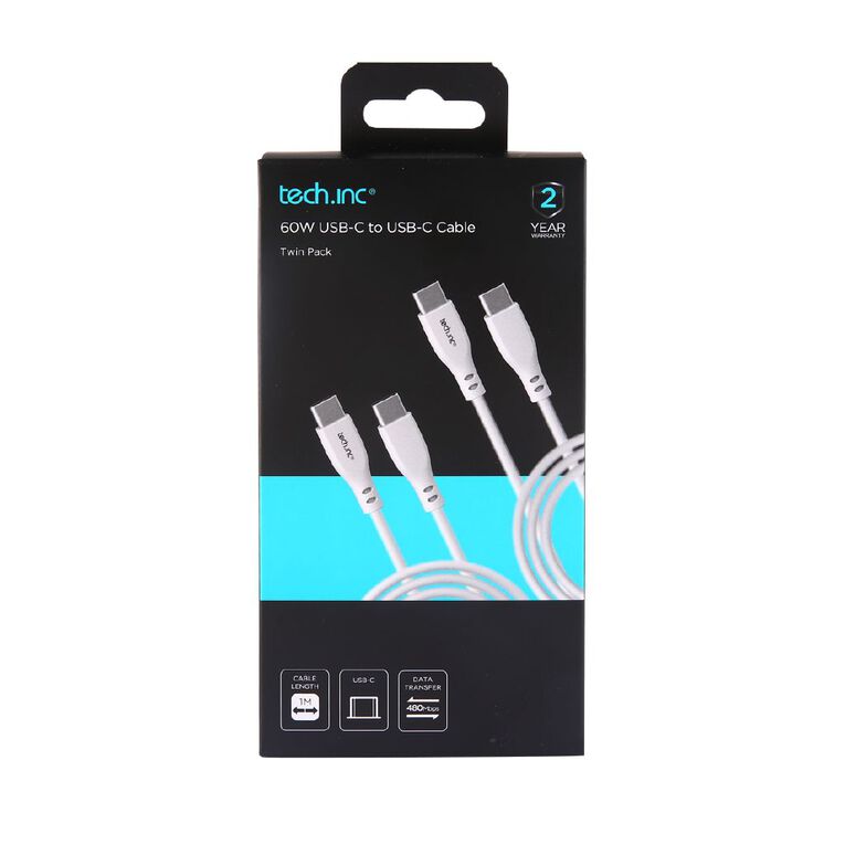 Tech.Inc 60W USB-C 1m Cable Twin Pack, , hi-res