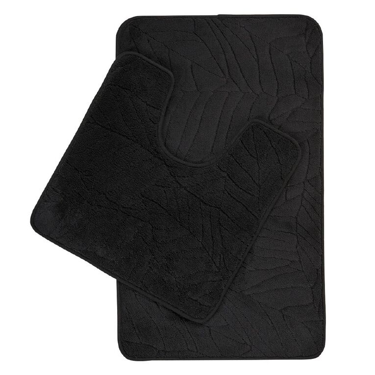 Living & Co Bath Mat Set Leaf 2 Piece Black 45cm x 75cm, , hi-res