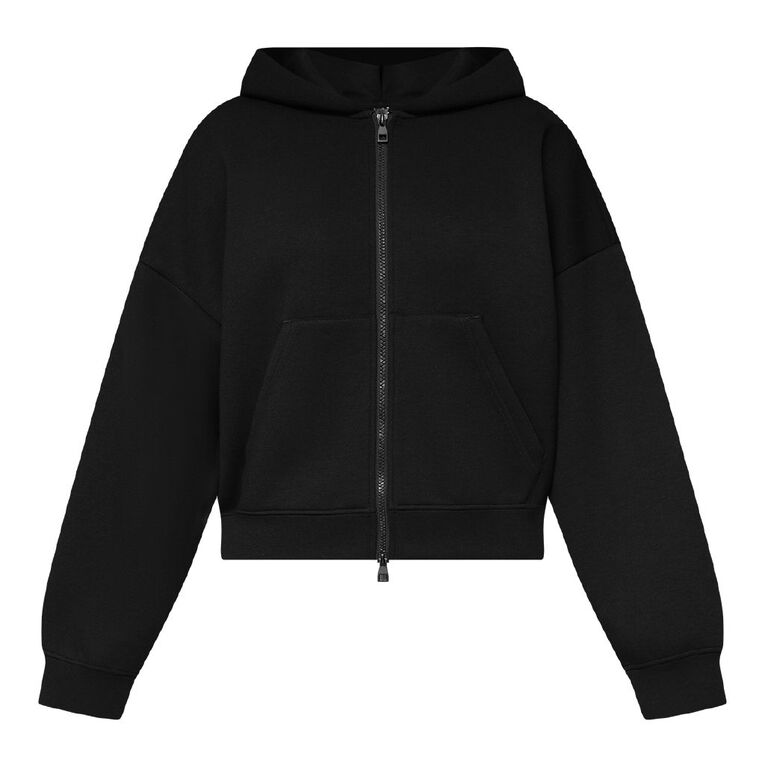 H&H Women's Zip Thru Cropped Scuba Hoodie, Black, hi-res