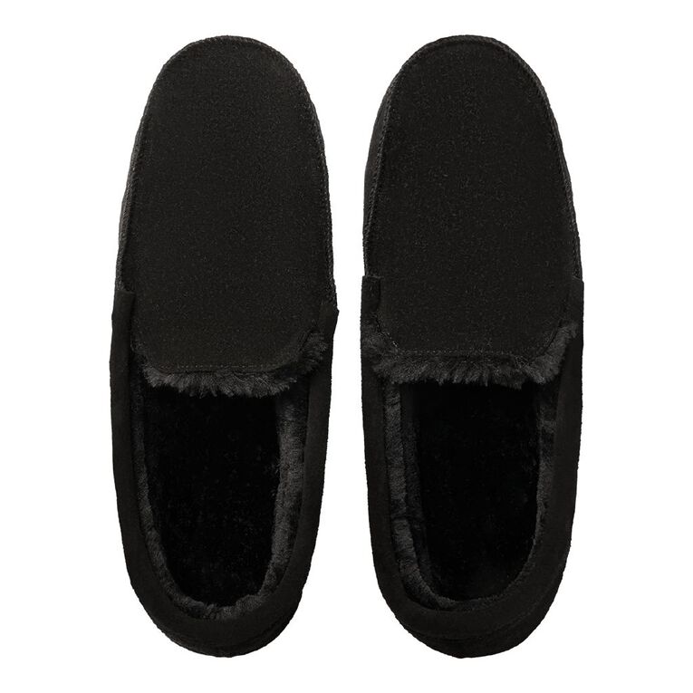 H&H Men's Leroy Leather Moccasin Slippers, Black, hi-res