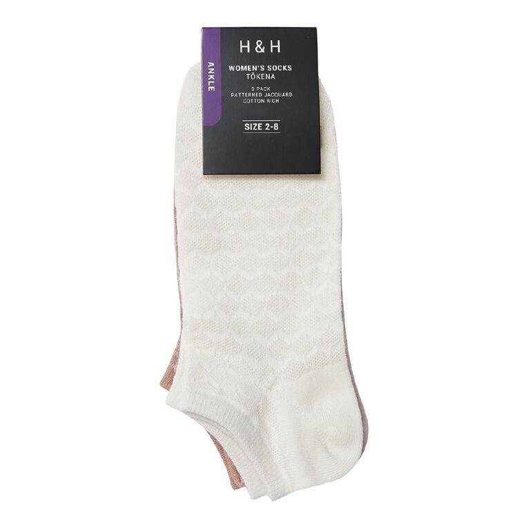 H&H Women's Patterend Ankle Socks 3 Pack, Cream, hi-res