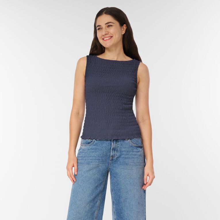 H&H Women's Shirred Tank Top, Blue Dark, hi-res