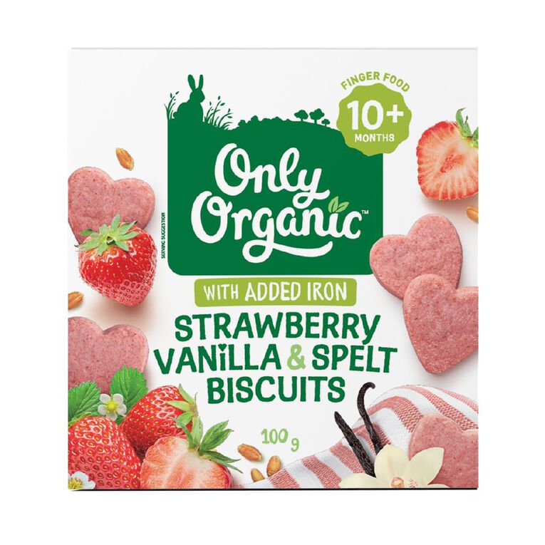 Only Organic Strawberry Vanilla & Spelt Biscuits 10+ Months 100g, , hi-res