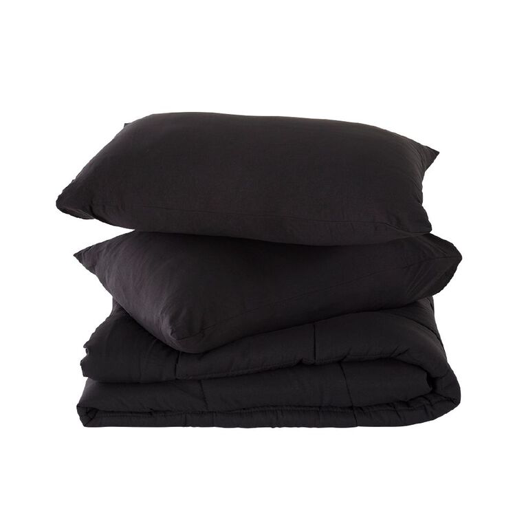 Living & Co Microfibre 3 Piece Comforter Set Black King, , hi-res