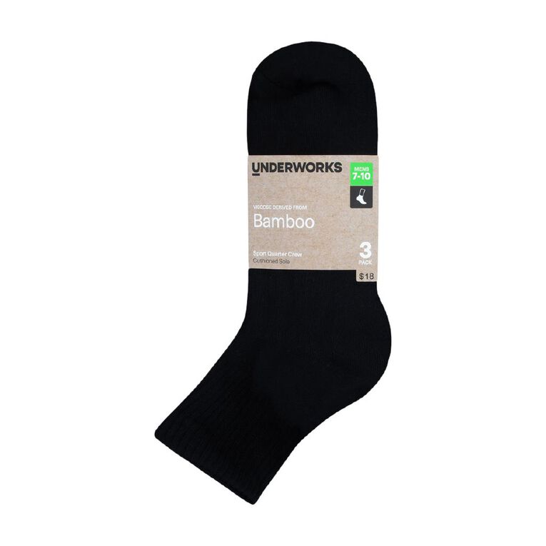 Underworks Men's Bamboo Sport Quarter Crew Socks 3 Pack, Black, hi-res