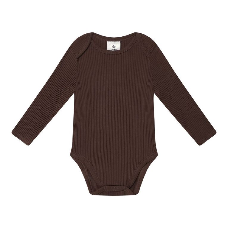 Young Original Babies' Long Sleeve Rib Bodysuit 3 Pack, Brown Dark, hi-res