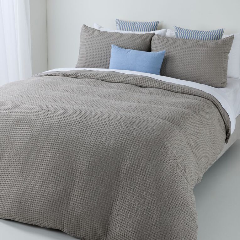 Living & Co Duvet Cover Set Cotton Waffle Grey Queen, , hi-res