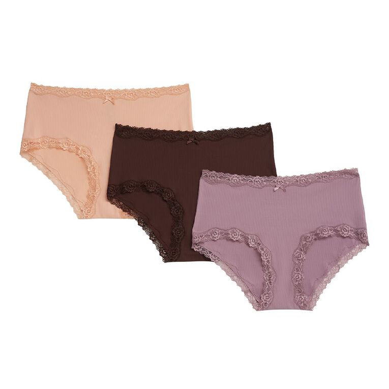 H&H Women's Rib And Lace Shortie Briefs 3 Pack, Brown Dark, hi-res