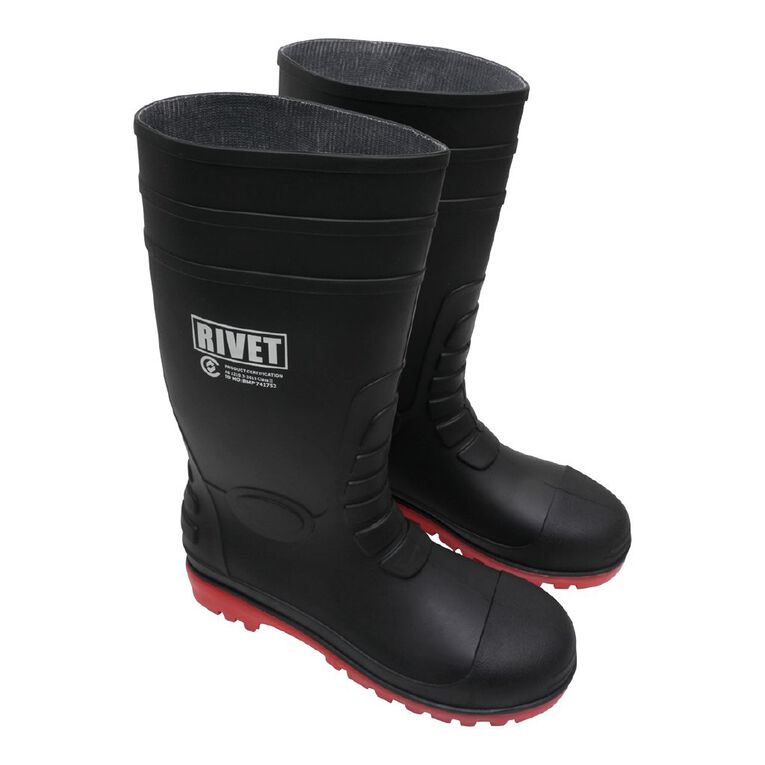 Rivet Men's Steel Toe Gumboots, Black/Orange, hi-res