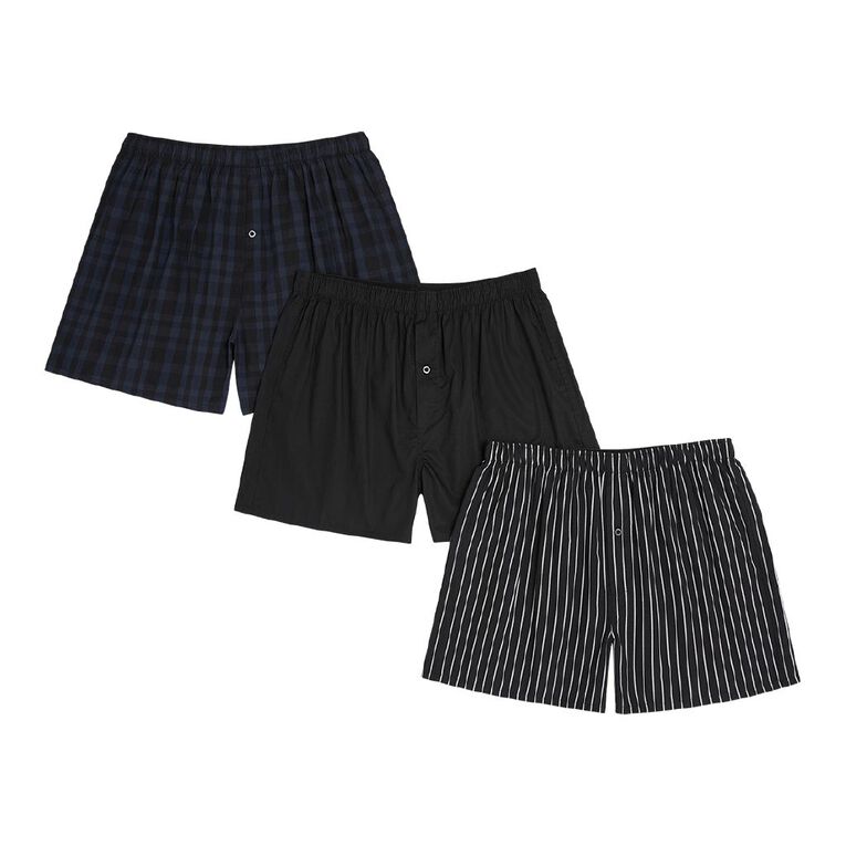 H&H Men's Woven Boxers 3 Pack, Black, hi-res