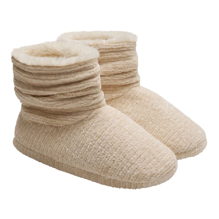 H&H Women's Plush Slipper Booties, Cream, hi-res
