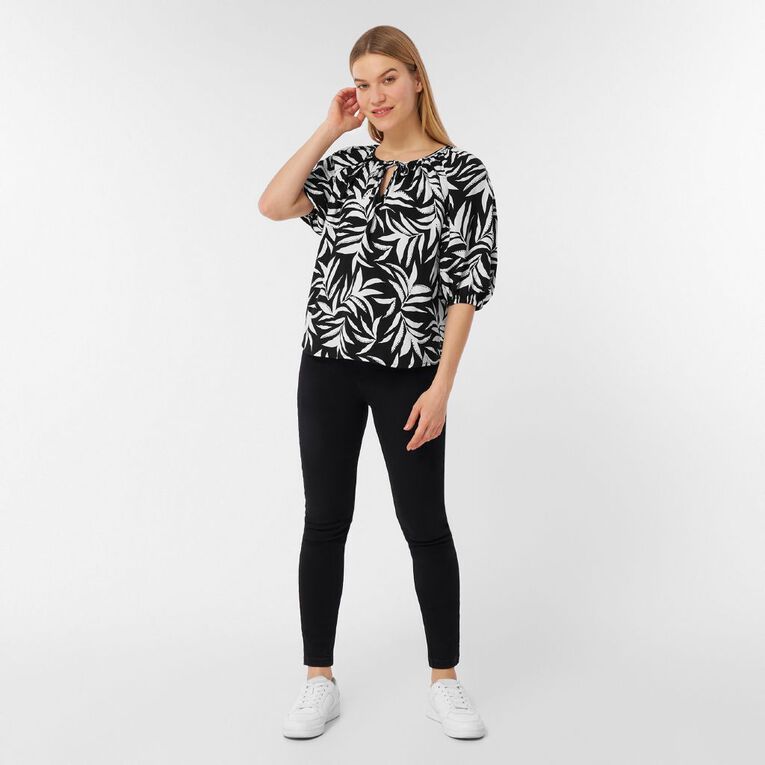 H&H Women's Balloon Sleeve VNeck, Black/White, hi-res