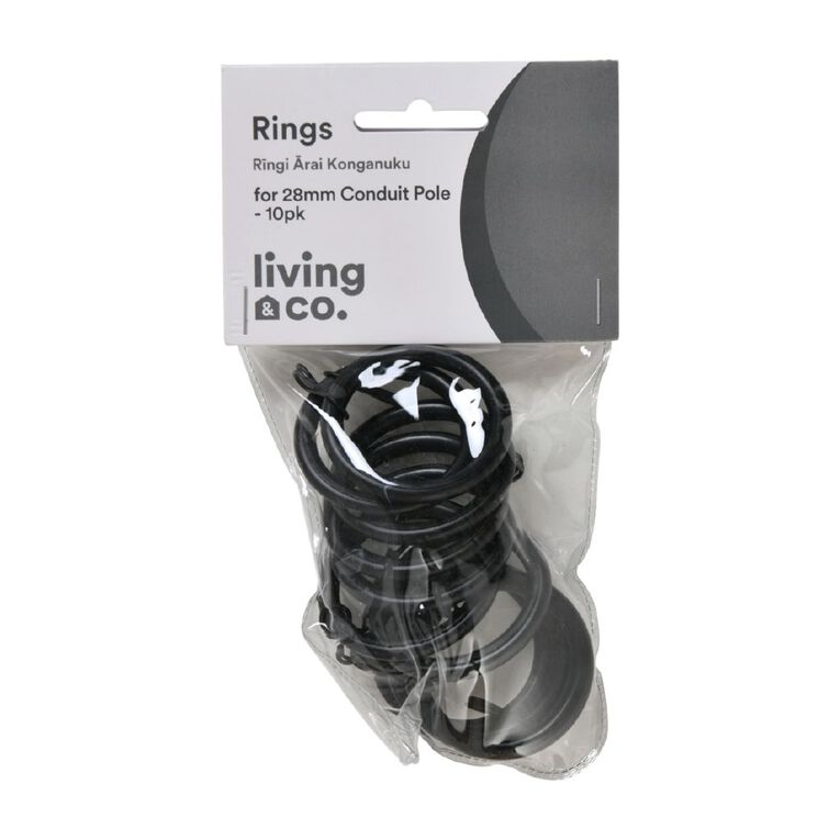 Living & Co Curtain Rings For 28mm Conduit Pole 10 Pack Black, , hi-res