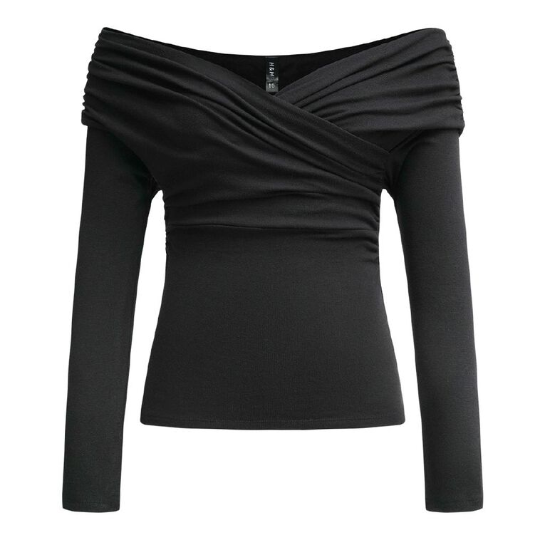 H&H Women's Long Sleeve Ribbed Ruched Off Shoulder Top, Black, hi-res
