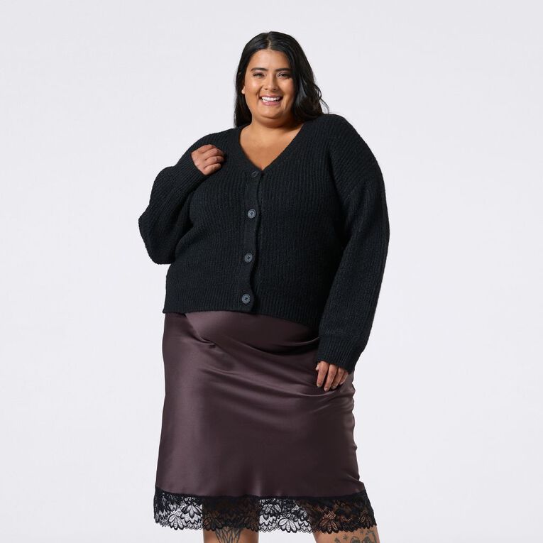 H&H Curve Women's Fluffy V Neck Cardi, Black, hi-res