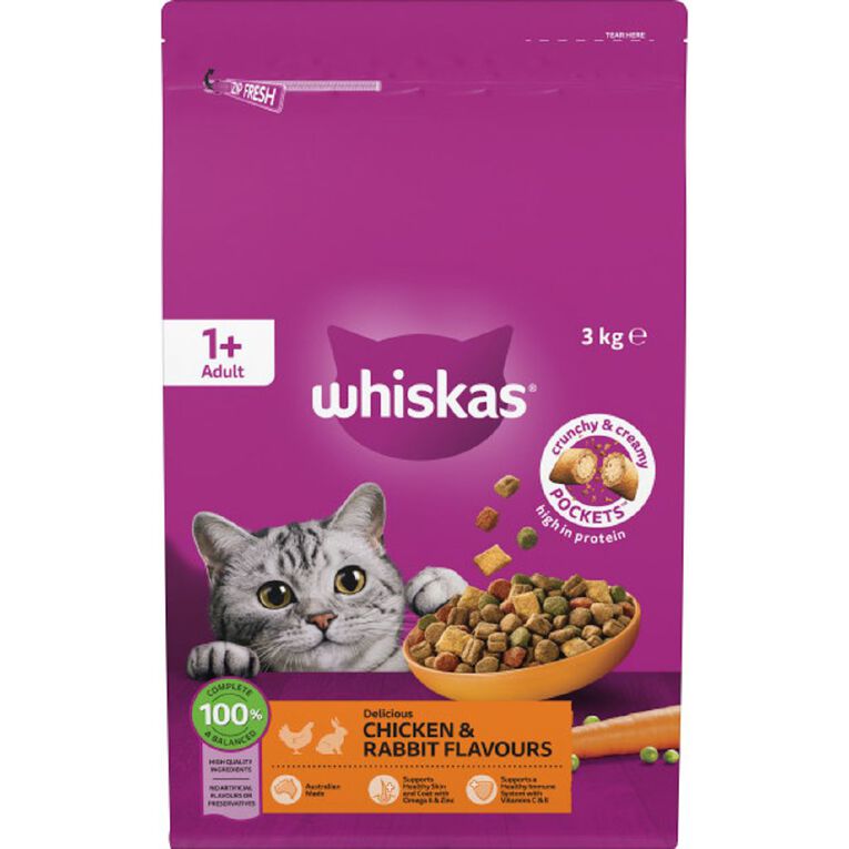 Whiskas Adult Dry Cat Food Chicken & Rabbit 3kg, , hi-res