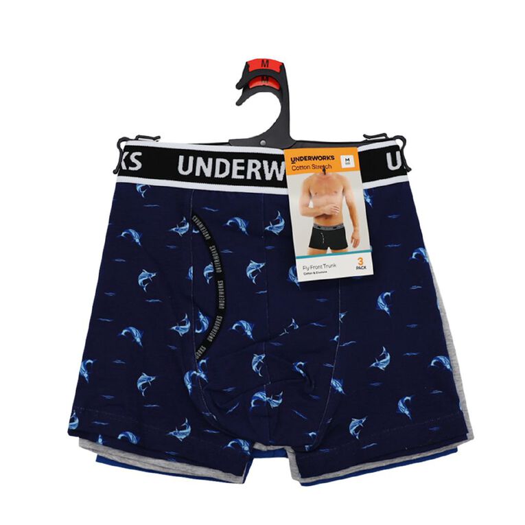 Underworks Men's Fly Front Trunks 3 Pack, Blue Dark, hi-res