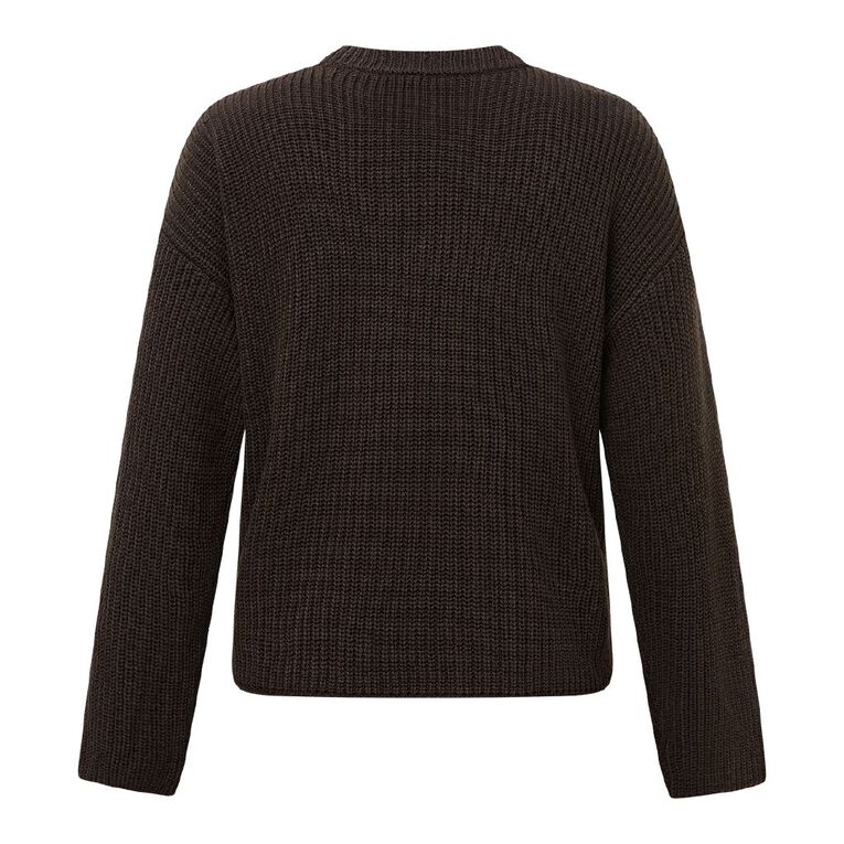 H&H Women's Long Sleeve Boxy Cotton Like Rib Crew, Brown Dark, hi-res