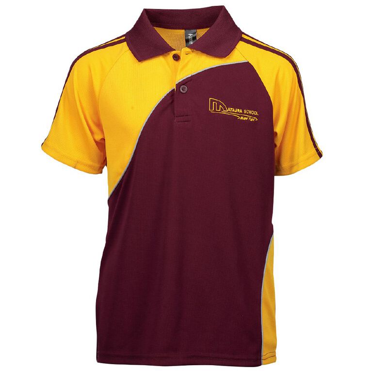 Schooltex Mataura Short Sleeve Stripe Polo with Embroidery, Maroon/Gold, hi-res