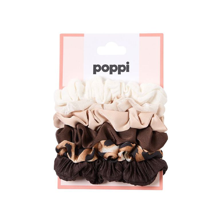 Poppi Mini Scunchies Brown Mid 6 Pack, , hi-res