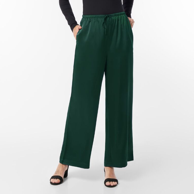 H&H Women's Satin Wide Leg Pants, Green Mid, hi-res