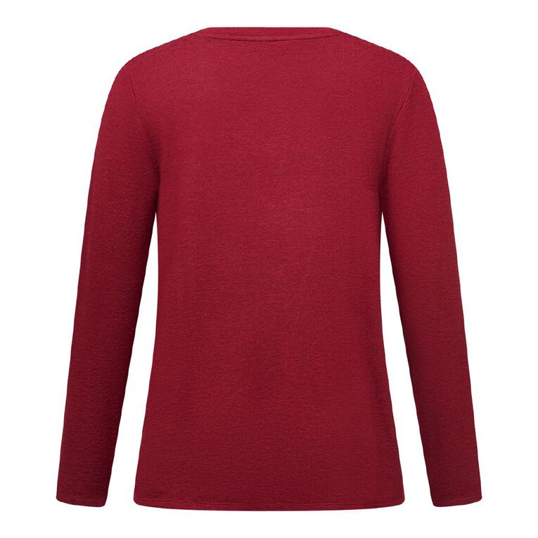 H&H Women's Long Sleeve Brushed V-Neck Swing Top, Red Dark, hi-res