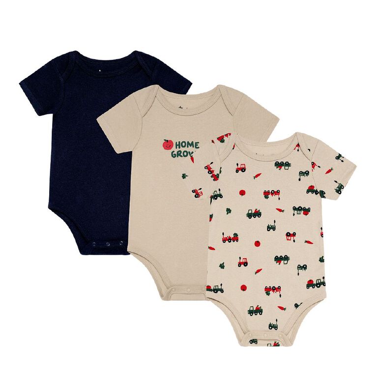 Young Original Babies' Short Sleeve Printed Bodysuit 3 Pack, Brown Light, hi-res