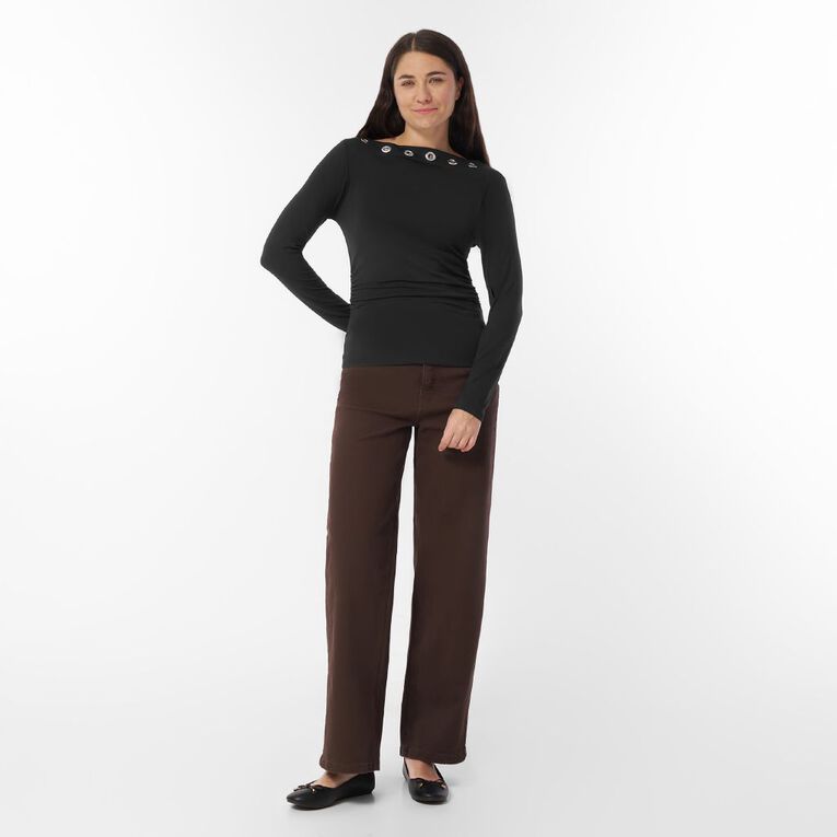 H&H Women's Long Sleeve Large Eyelet Ruched Top, Black, hi-res