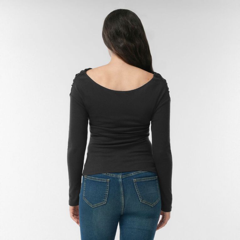 H&H Women's Long Sleeve Ribbed Ruched Off Shoulder Top, Black, hi-res