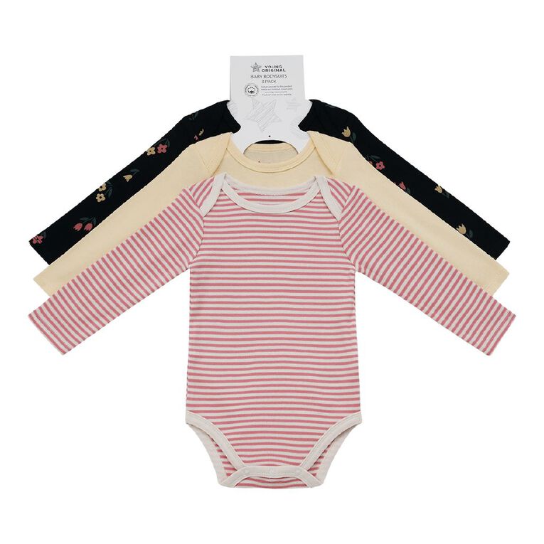 Young Original Babies' Long Sleeve Printed Bodysuit 3 Pack, Yellow Light, hi-res