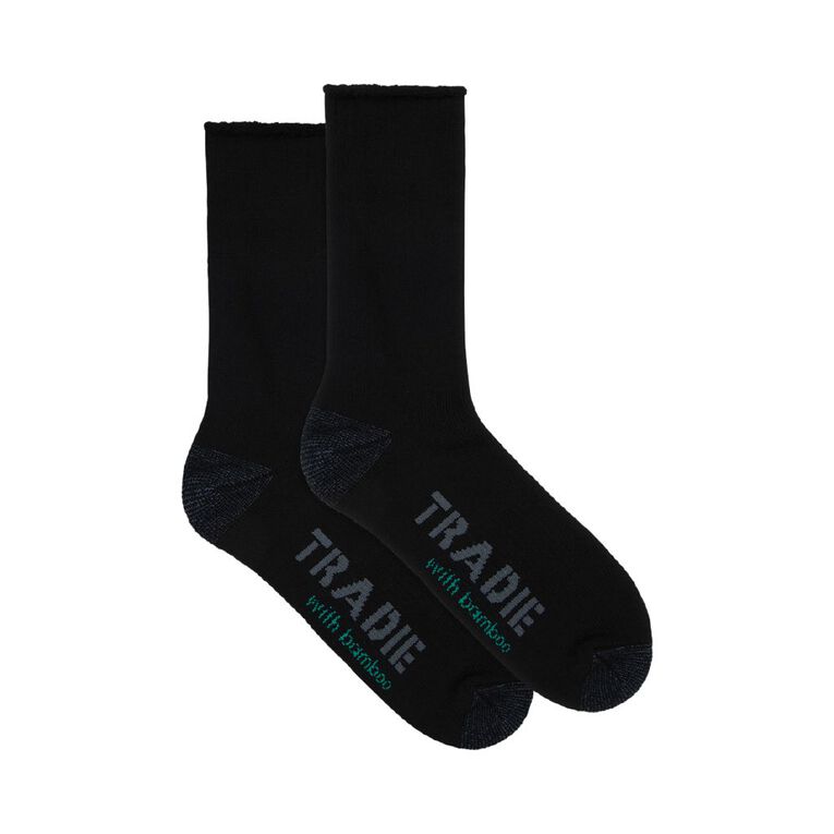 Tradie Men's Bamboo Rib Crew Socks 2 Pack, Black, hi-res