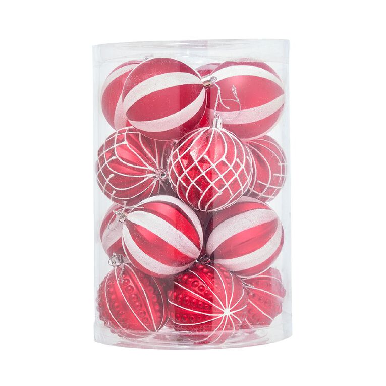 Wonderland Printed Bauble Red/White 16 Pack, , hi-res
