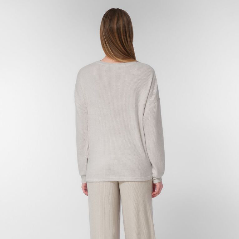 H&H Women's Waffle Long Sleeve Pyjama Top, Cream, hi-res