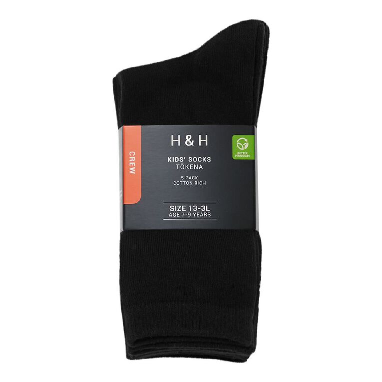 H&H Kids' Plain Crew Socks 5 Pack, Black, hi-res