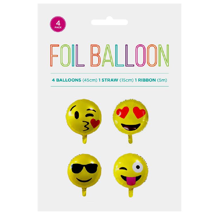 Hoorah Emoji Foil Balloons 45cm Yellow Mid 4 Pack, , hi-res