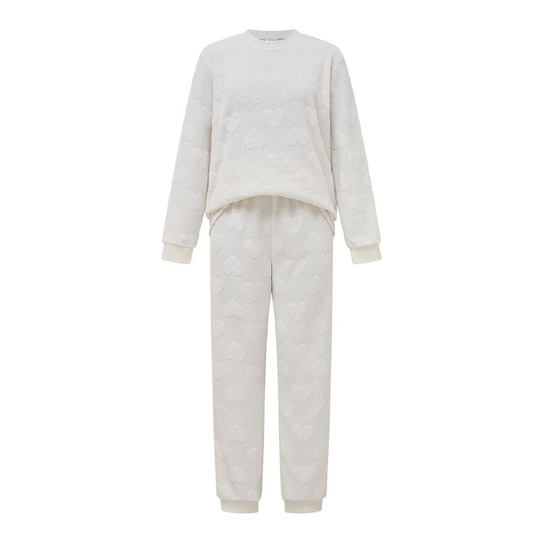 H&H Women's Coral Fleece Pyjama Set, White, hi-res