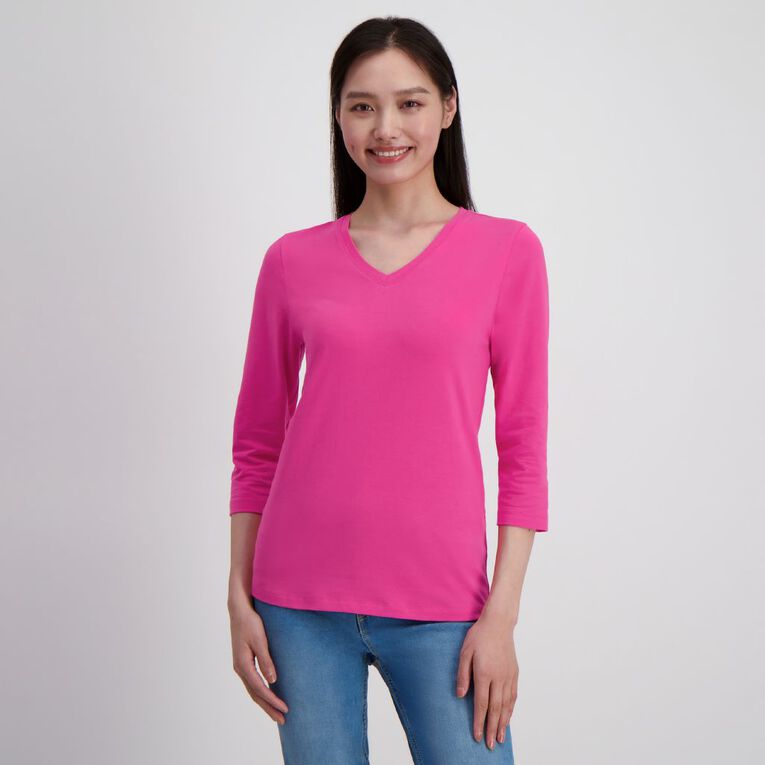 H&H Women's 3/4 Sleeve V-Neck Tee Pink Mid | The Warehouse