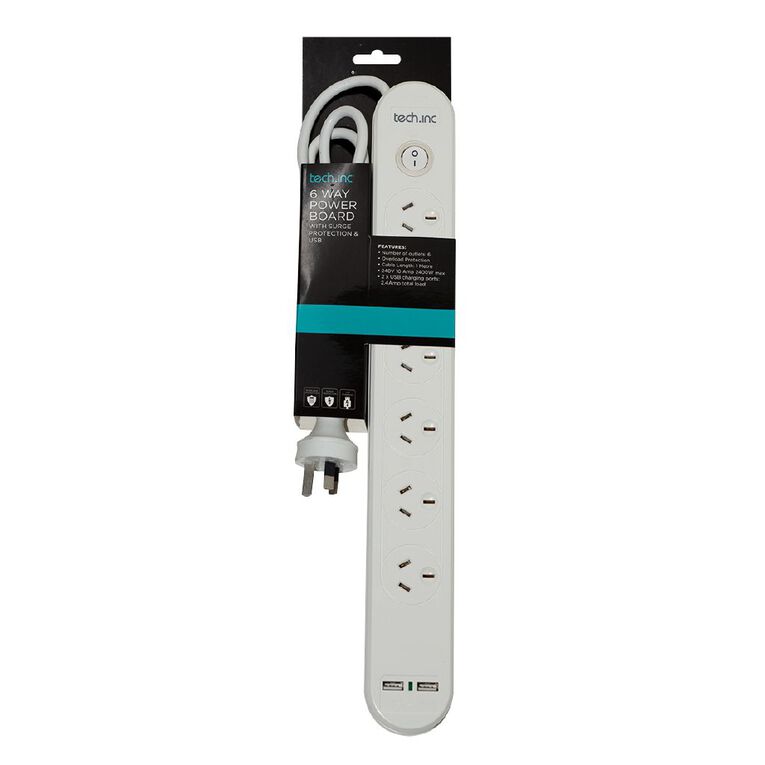 Tech.Inc 6 Way Powerboard with Surge Protection & USB, , hi-res