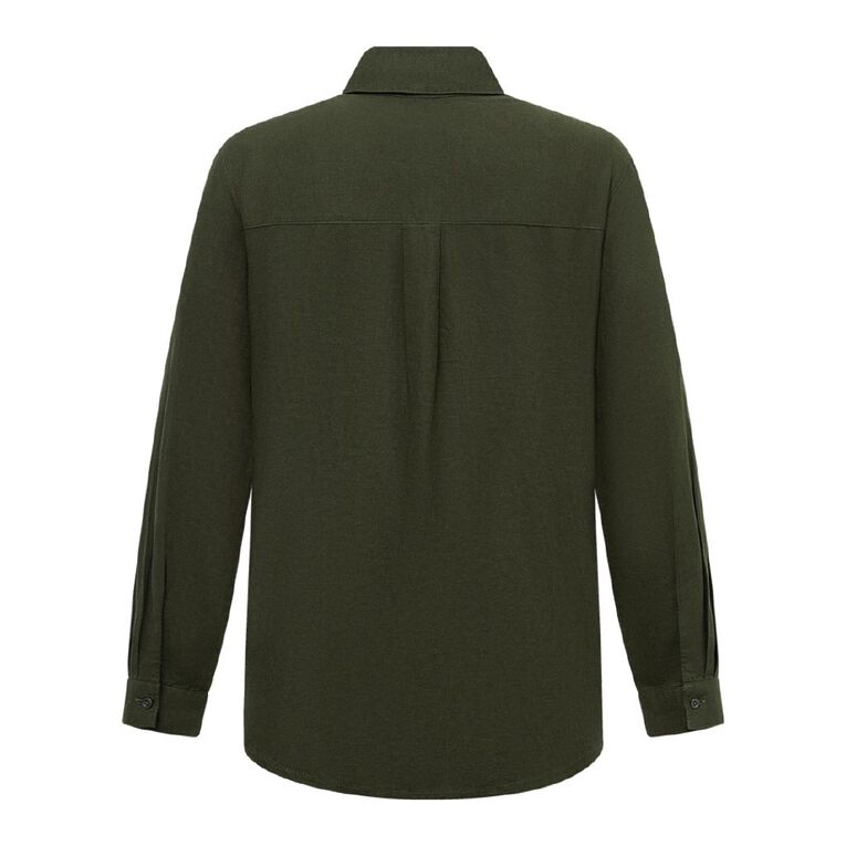 H&H Women's Long Sleeve Essential Linen Blend Shirt, Green Dark, hi-res