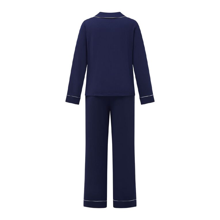 H&H Women's Comfy Button Up Long Sleeve Pyjama Set, Blue Dark, hi-res
