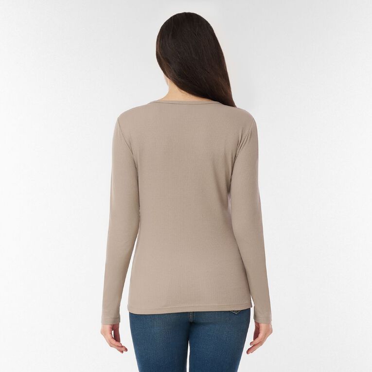 H&H Women's Long Sleeve Classic Rib Crew Tee, Brown Light, hi-res