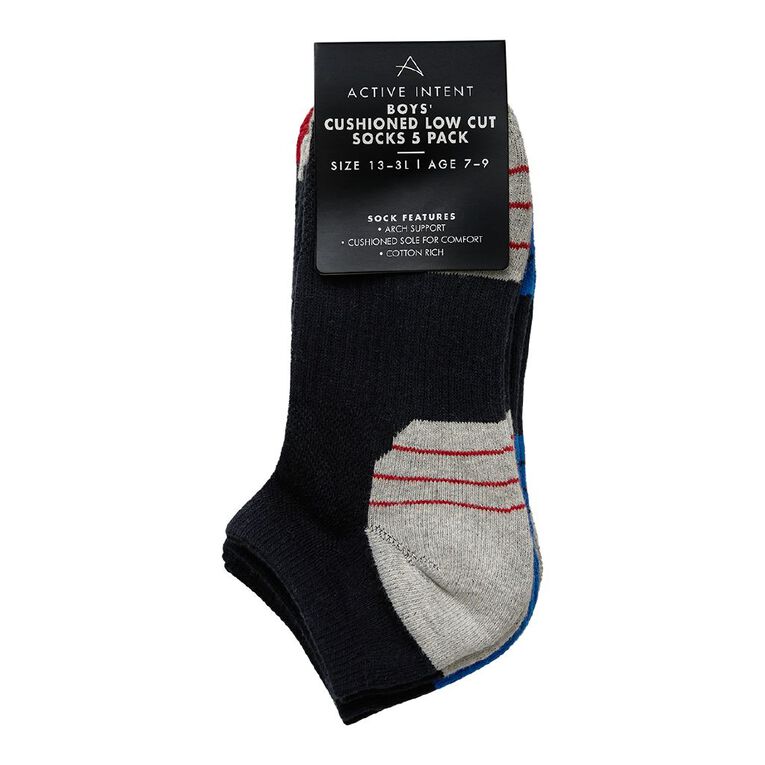 Active Intent Boys' Cushioned Low Cut Socks 5 Pack, Black, hi-res