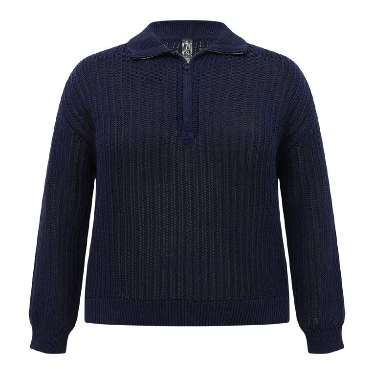 H&H Curve Women's Crochet 3/4 Zip Knit, Navy, hi-res