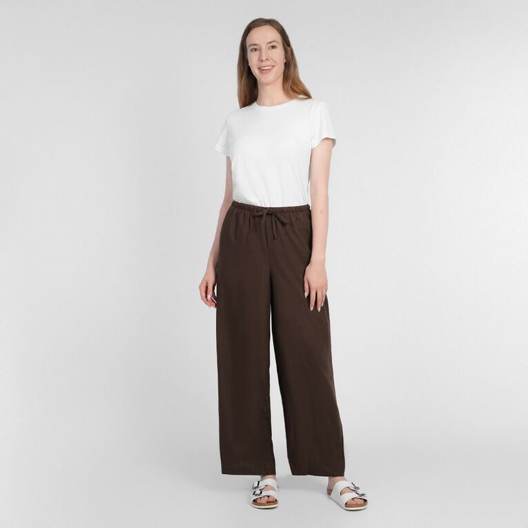 H&H Women's Tie Waist Linen Blend Pants, Brown Dark, hi-res