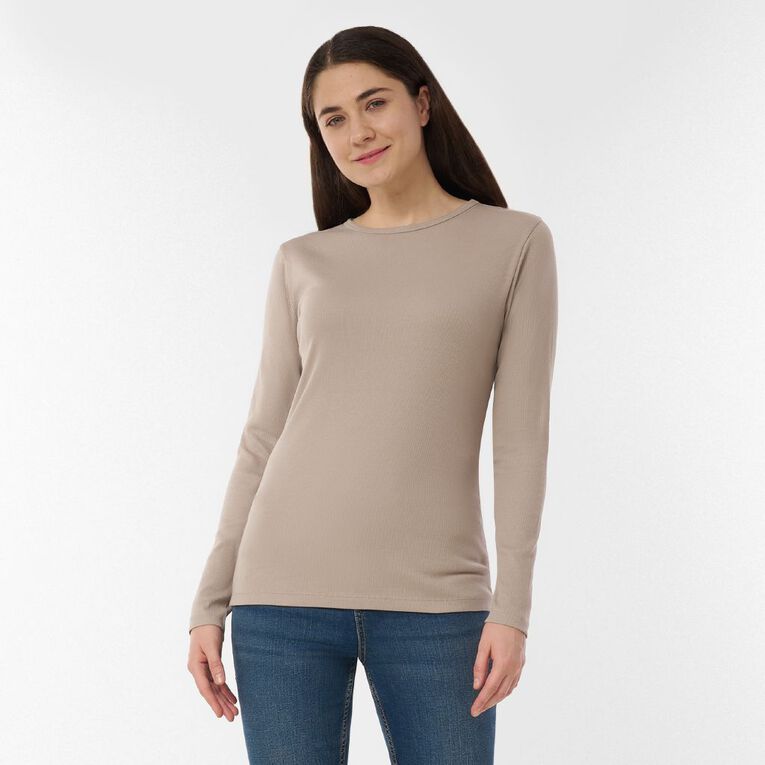 H&H Women's Long Sleeve Classic Rib Crew Tee, Brown Light, hi-res